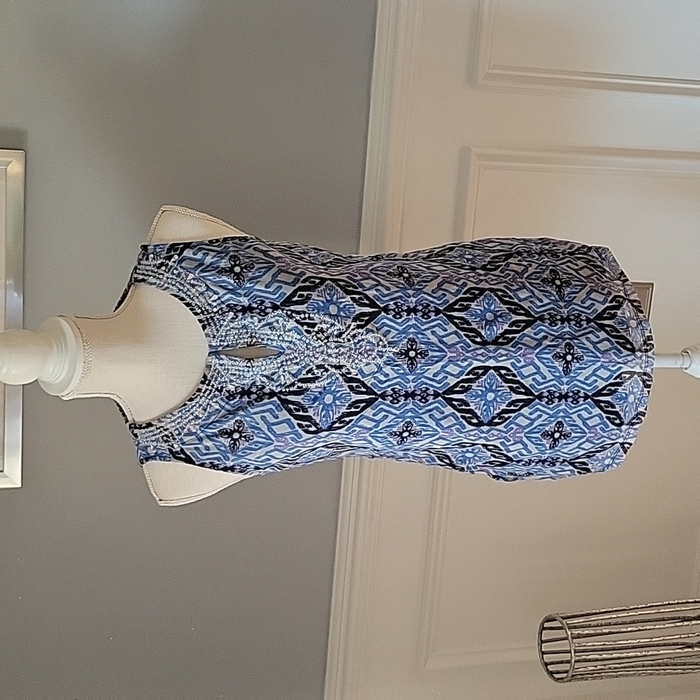 INC Blue Beaded Tunic Top Sleeveless Women Size S